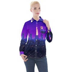 The Sun Night Music The City Background 80s 80 s Synth Women s Long Sleeve Pocket Shirt