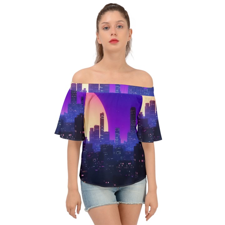 The Sun Night Music The City Background 80s 80 s Synth Off Shoulder Short Sleeve Top