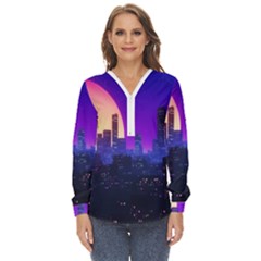 The Sun Night Music The City Background 80s 80 s Synth Zip Up Long Sleeve Blouse