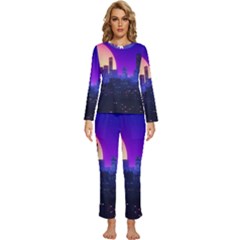 The Sun Night Music The City Background 80s 80 s Synth Womens  Long Sleeve Lightweight Pajamas Set