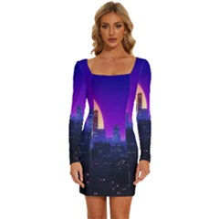 The Sun Night Music The City Background 80s 80 s Synth Long Sleeve Square Neck Bodycon Velvet Dress by Jancukart