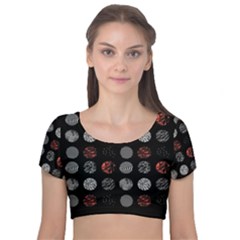 Black And Multicolored Polka Dot Artwork Digital Art Velvet Short Sleeve Crop Top  by Jancukart