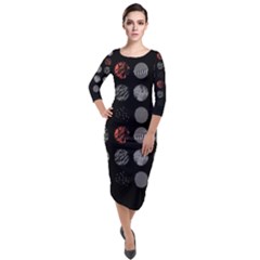 Black And Multicolored Polka Dot Artwork Digital Art Quarter Sleeve Midi Velour Bodycon Dress