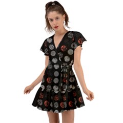 Black And Multicolored Polka Dot Artwork Digital Art Flutter Sleeve Wrap Dress