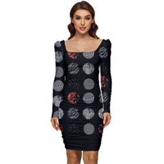 Black And Multicolored Polka Dot Artwork Digital Art Women Long Sleeve Ruched Stretch Jersey Dress