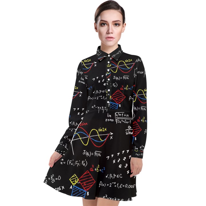 Black Background With Text Overlay Mathematics Formula Board Long Sleeve Chiffon Shirt Dress