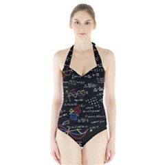 Black Background With Text Overlay Mathematics Formula Board Halter Swimsuit