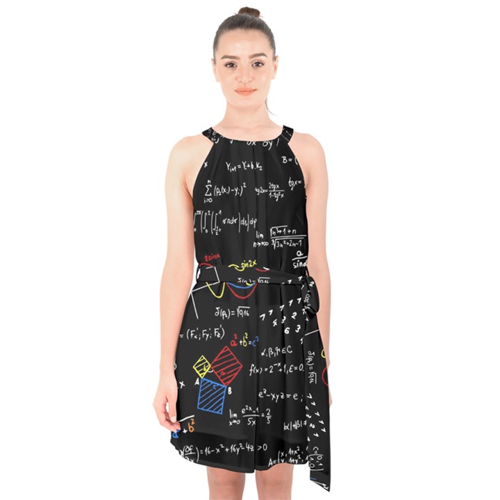 Black Background With Text Overlay Mathematics Formula Board Halter Collar Waist Tie Chiffon Dress