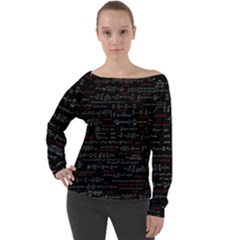 Black Background With Text Overlay Digital Art Mathematics Off Shoulder Long Sleeve Velour Top by Jancukart