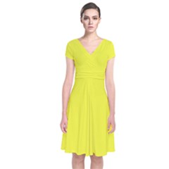 Maximum Yellow	 - 	short Sleeve Front Wrap Dress by ColorfulDresses