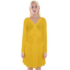 Mikado Yellow	 - 	long Sleeve Front Wrap Dress by ColorfulDresses