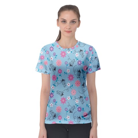 Pink And Blue Floral Wallpaper Women s Sport Mesh Tee by Jancukart