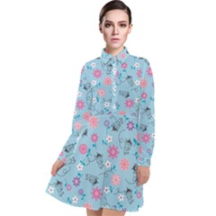 Pink And Blue Floral Wallpaper Long Sleeve Chiffon Shirt Dress by Jancukart