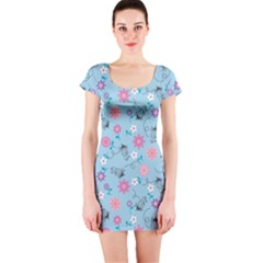 Pink And Blue Floral Wallpaper Short Sleeve Bodycon Dress by Jancukart