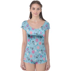 Pink And Blue Floral Wallpaper Boyleg Leotard 