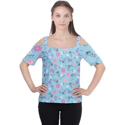 Pink And Blue Floral Wallpaper Cutout Shoulder Tee by Jancukart