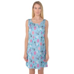 Pink And Blue Floral Wallpaper Sleeveless Satin Nightdress