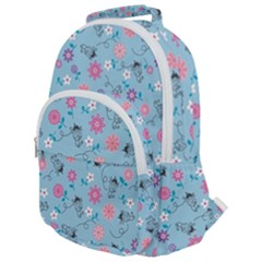 Pink And Blue Floral Wallpaper Rounded Multi Pocket Backpack