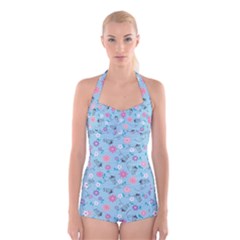 Pink And Blue Floral Wallpaper Boyleg Halter Swimsuit 