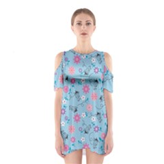 Pink And Blue Floral Wallpaper Shoulder Cutout One Piece Dress