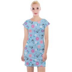 Pink And Blue Floral Wallpaper Cap Sleeve Bodycon Dress