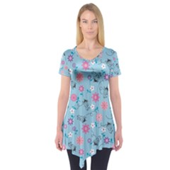 Pink And Blue Floral Wallpaper Short Sleeve Tunic 