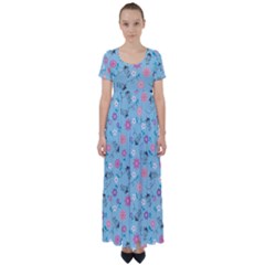 Pink And Blue Floral Wallpaper High Waist Short Sleeve Maxi Dress