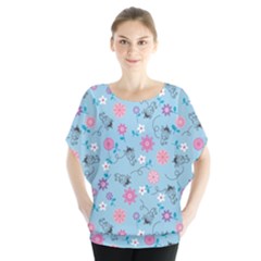 Pink And Blue Floral Wallpaper Batwing Chiffon Blouse