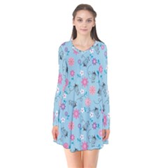 Pink And Blue Floral Wallpaper Long Sleeve V-neck Flare Dress