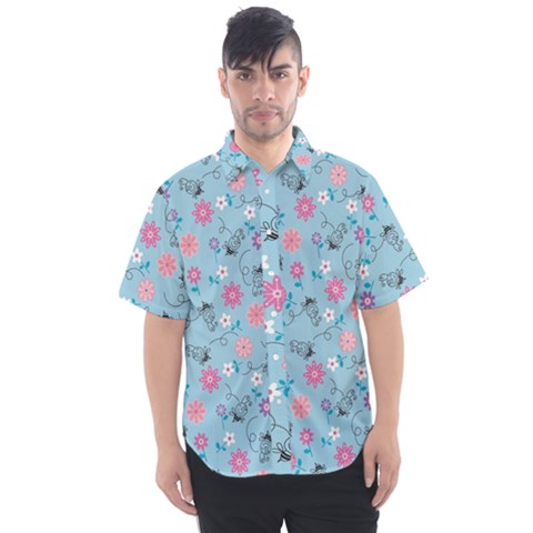 Pink And Blue Floral Wallpaper Men s Short Sleeve Shirt by Jancukart