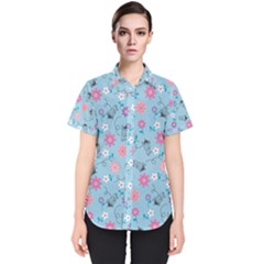 Pink And Blue Floral Wallpaper Women s Short Sleeve Shirt