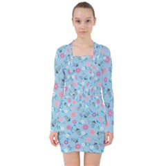 Pink And Blue Floral Wallpaper V-neck Bodycon Long Sleeve Dress