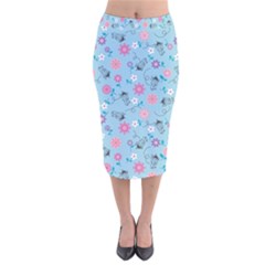 Pink And Blue Floral Wallpaper Velvet Midi Pencil Skirt