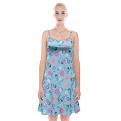 Pink And Blue Floral Wallpaper Spaghetti Strap Velvet Dress