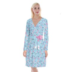 Pink And Blue Floral Wallpaper Long Sleeve Velvet Front Wrap Dress