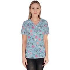 Pink And Blue Floral Wallpaper Women s V-neck Scrub Top by Jancukart