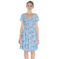 Pink And Blue Floral Wallpaper Short Sleeve Bardot Dress