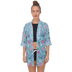 Pink And Blue Floral Wallpaper Open Front Chiffon Kimono