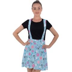 Pink And Blue Floral Wallpaper Velvet Suspender Skater Skirt