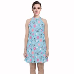 Pink And Blue Floral Wallpaper Velvet Halter Neckline Dress 