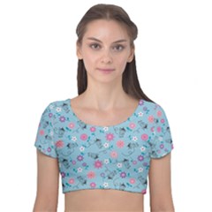 Pink And Blue Floral Wallpaper Velvet Short Sleeve Crop Top  by Jancukart