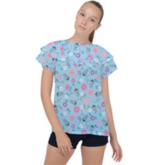 Pink And Blue Floral Wallpaper Ruffle Collar Chiffon Blouse