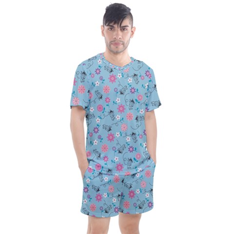 Pink And Blue Floral Wallpaper Men s Mesh Tee And Shorts Set by Jancukart