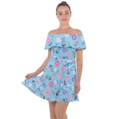 Pink And Blue Floral Wallpaper Off Shoulder Velour Dress