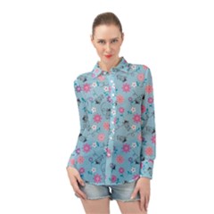 Pink And Blue Floral Wallpaper Long Sleeve Chiffon Shirt