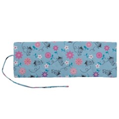 Pink And Blue Floral Wallpaper Roll Up Canvas Pencil Holder (m)