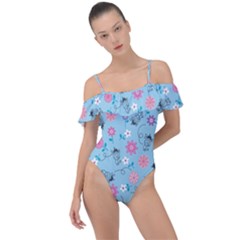 Pink And Blue Floral Wallpaper Frill Detail One Piece Swimsuit