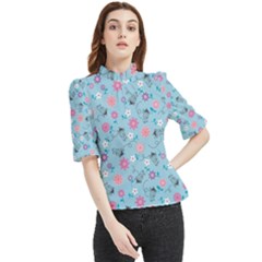 Pink And Blue Floral Wallpaper Frill Neck Blouse