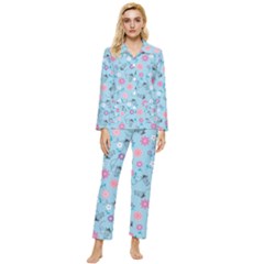 Pink And Blue Floral Wallpaper Womens  Long Sleeve Velvet Pocket Pajamas Set