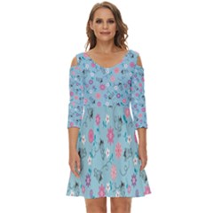 Pink And Blue Floral Wallpaper Shoulder Cut Out Zip Up Dress